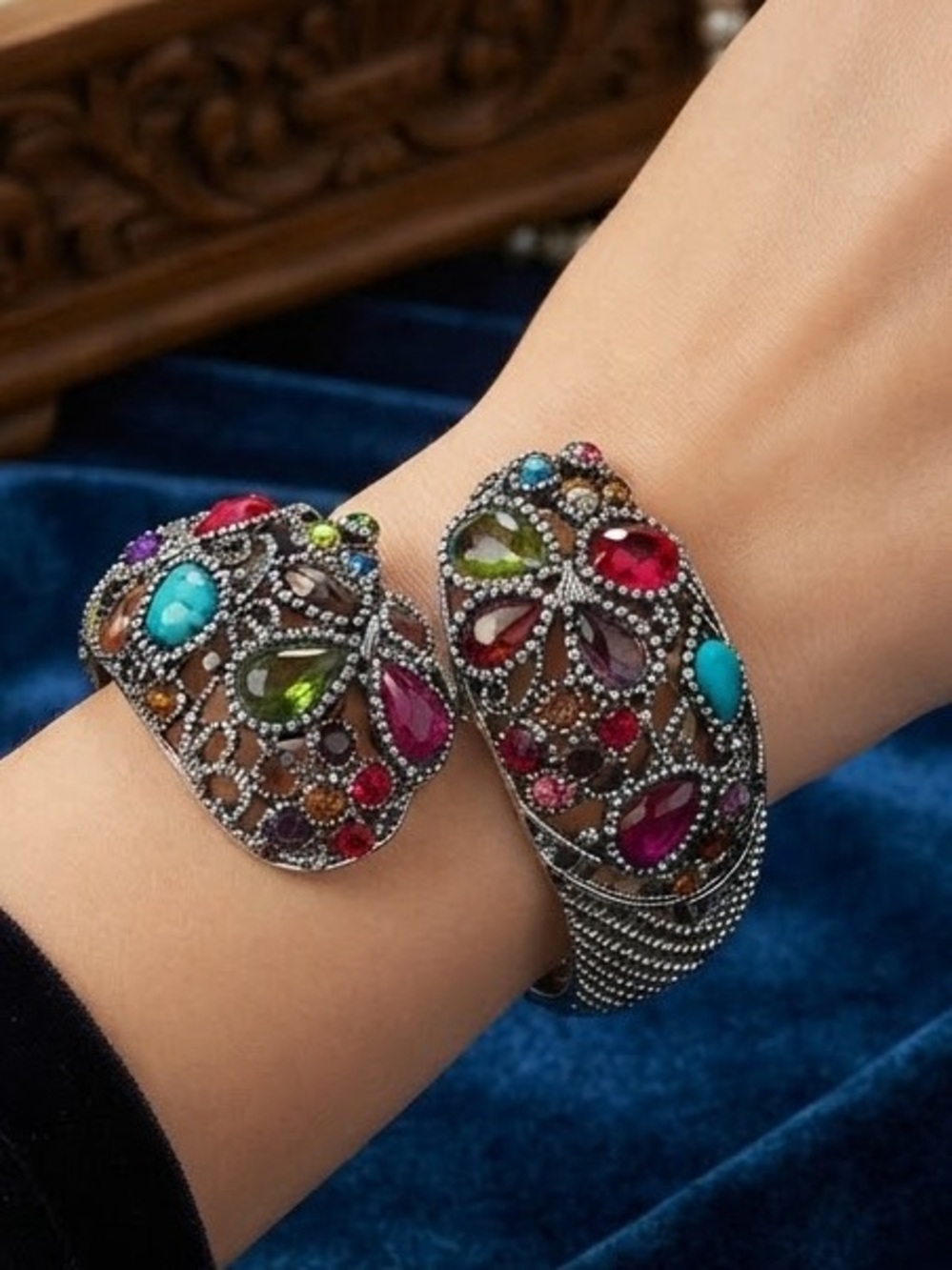 Vintage Ornate Silver Tone Filigree Cuff Bracelet - Vibrant Rhinestone Accents